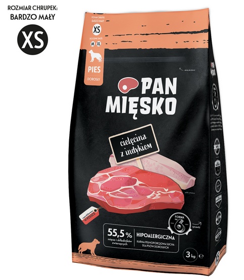 PAN MIĘSKO – KARMA SUCHA DLA PSA – CIELĘCINA Z INDYKIEM 3 kg chrupki XS